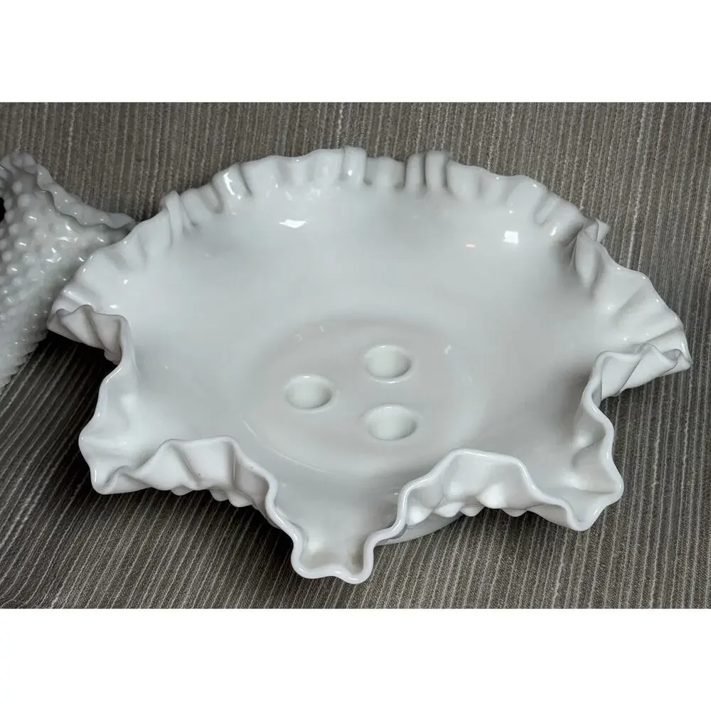 Vtg Fenton Milk Glass Hobnail 3 Horn Epergne Centerpiece Ruffled Trumpet Vase